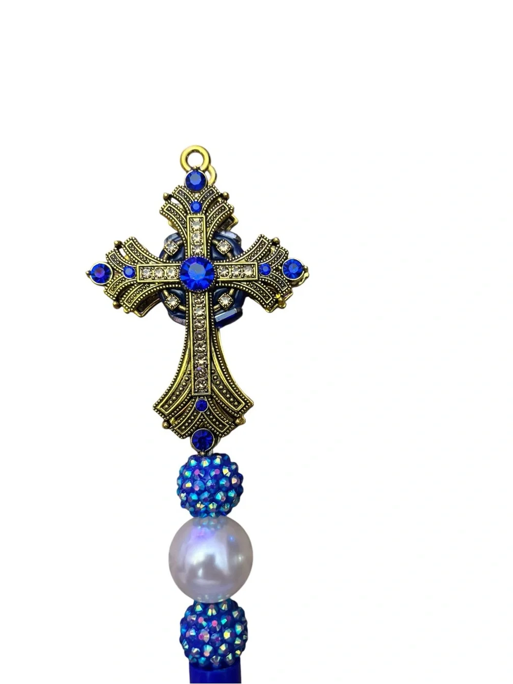 Gold Cross Pen with Blue Beads Handmade By AB INKS HANDMADE EXPRESSIONS